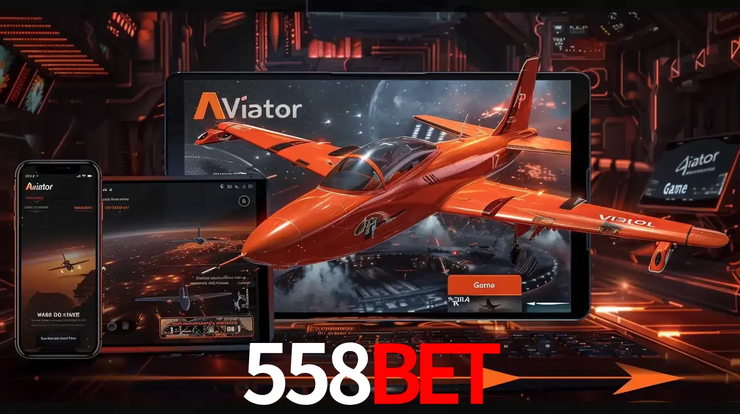 Apresentação tecnológica do jogo Aviator com um avião saindo da tela de um tablet, demonstrando a experiência imersiva em múltiplos dispositivos no 558BET.