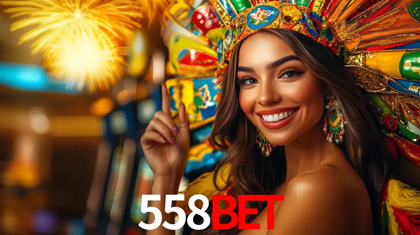 Mulher sorridente com um cocar de carnaval vibrante e colorido, celebrando uma grande vitória nos jogos do cassino 558BET com fogos de artifício ao fundo.