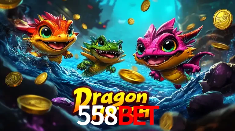 Arte promocional do jogo Dragon Hatch com três adoráveis dragões bebês nadando entre moedas de ouro, um dos slots mais divertidos para jogar no cassino 558BET.