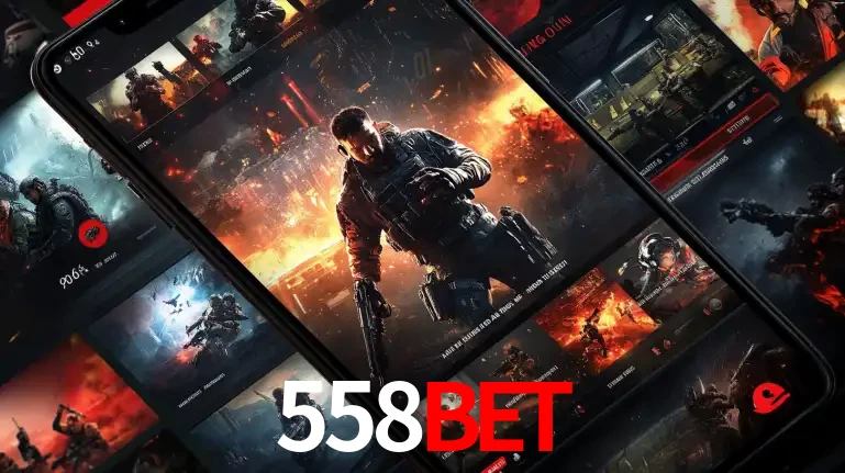 Tela de um celular exibindo uma galeria de jogos de tiro com temática militar, mostrando a variedade de e-sports disponíveis para apostas na plataforma de entretenimento 558BET.