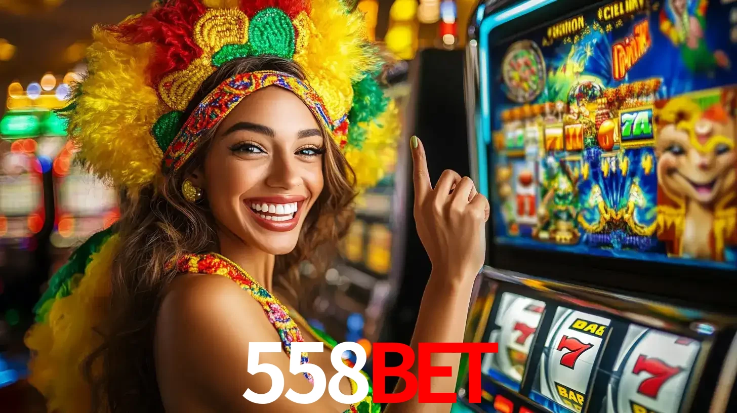 Mulher animada com um cocar de carnaval apontando para uma máquina de caça-níqueis, mostrando a emoção de ganhar um grande prêmio nos jogos do 558BET.