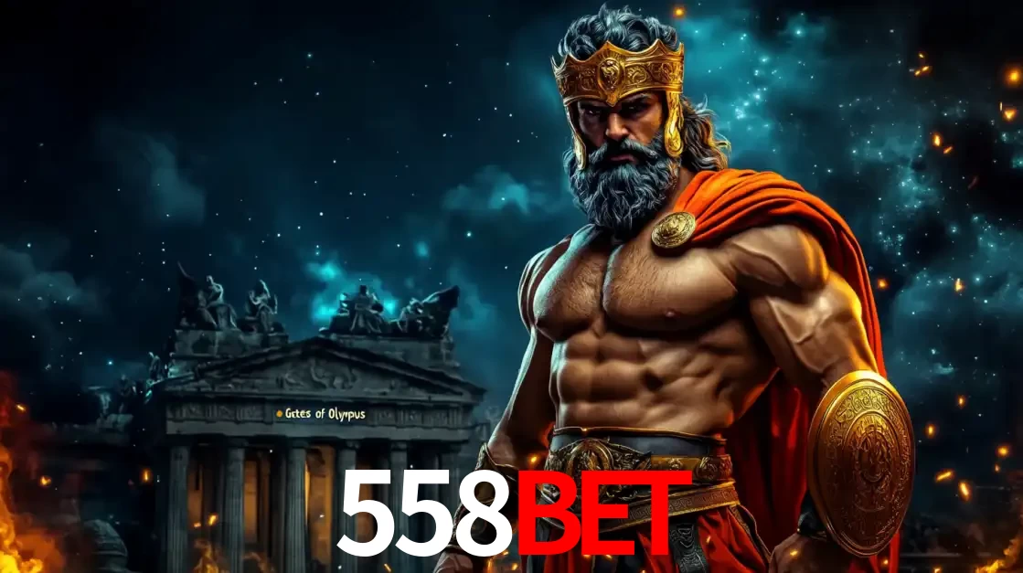 O poderoso Zeus do jogo de slot Gates of Olympus em frente ao seu templo, pronto para lançar multiplicadores divinos e prêmios épicos no cassino online 558BET.
