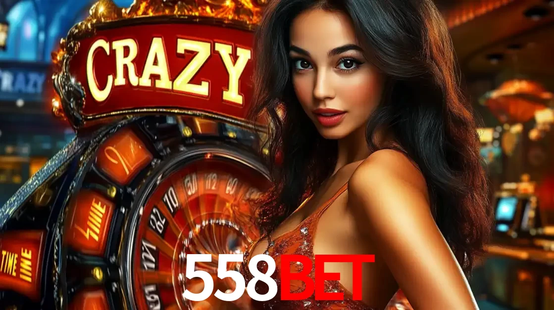 Mulher glamourosa olhando para a câmera com a roda vermelha do Crazy Time ao fundo em um ambiente de cassino, destacando a emoção dos jogos ao vivo no 558BET.