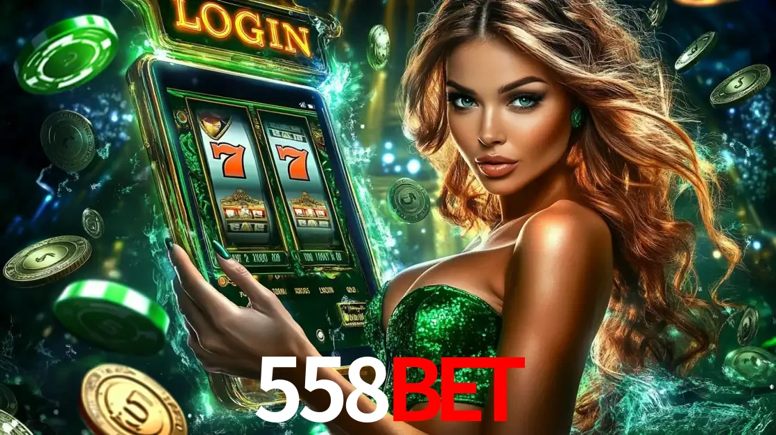 Mulher com tema verde apresentando o aplicativo do cassino 558BET com um jogo de slot de 777, cercada por fichas de cassino e uma aura de sorte.