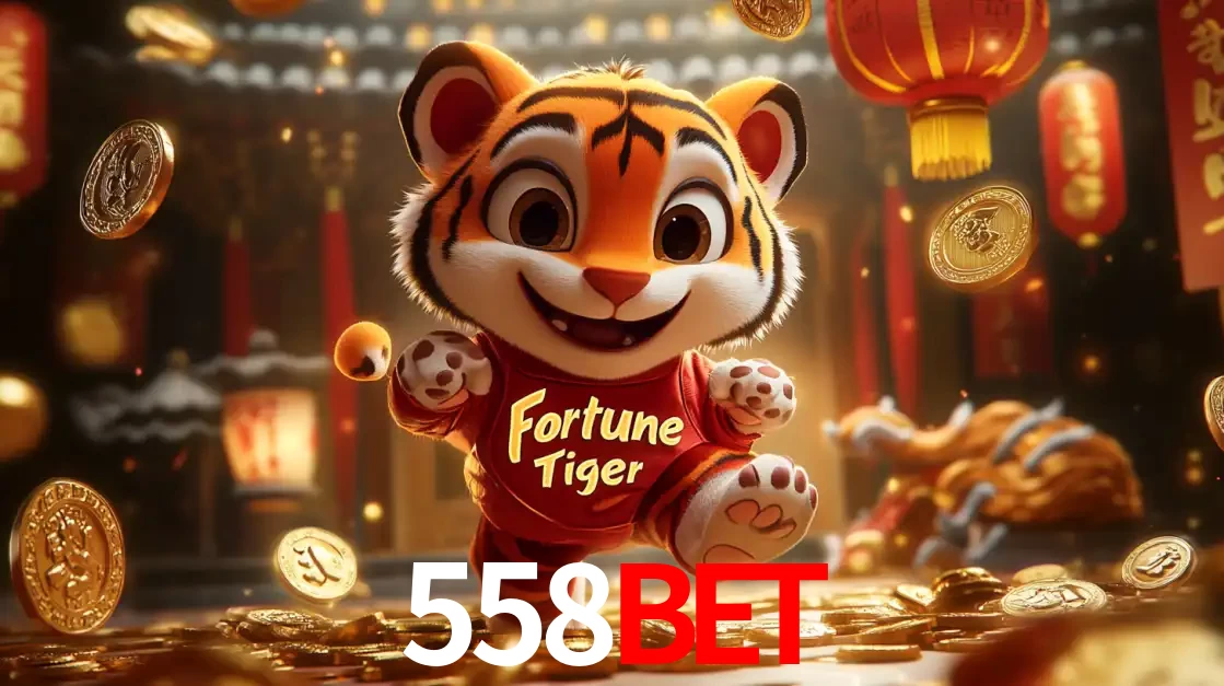 O alegre personagem do Fortune Tiger correndo sobre um caminho de moedas de ouro, simbolizando os grandes prêmios e a diversão do popular jogo de slot do 558BET.