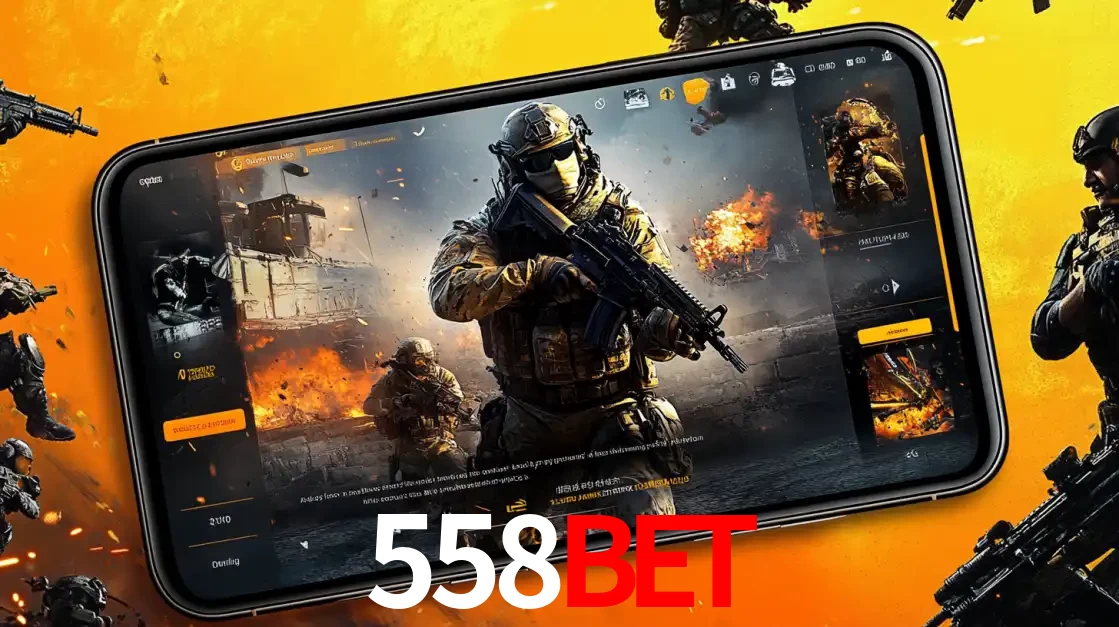 Um smartphone exibindo a interface de um jogo de tiro em primeira pessoa, com um soldado em um cenário de batalha, representando a ação dos e-sports para apostar no 558BET.