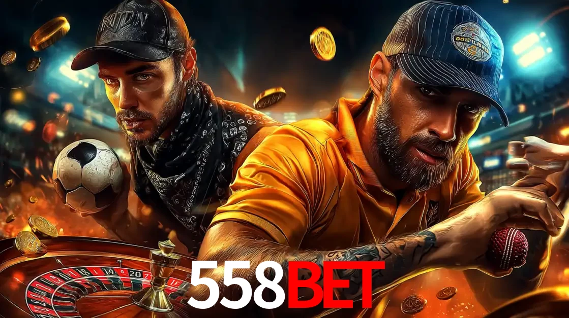 Montagem de apostas esportivas e cassino no 558BET, com um homem segurando uma bola de futebol e outro uma de beisebol sobre uma roleta e moedas voadoras.