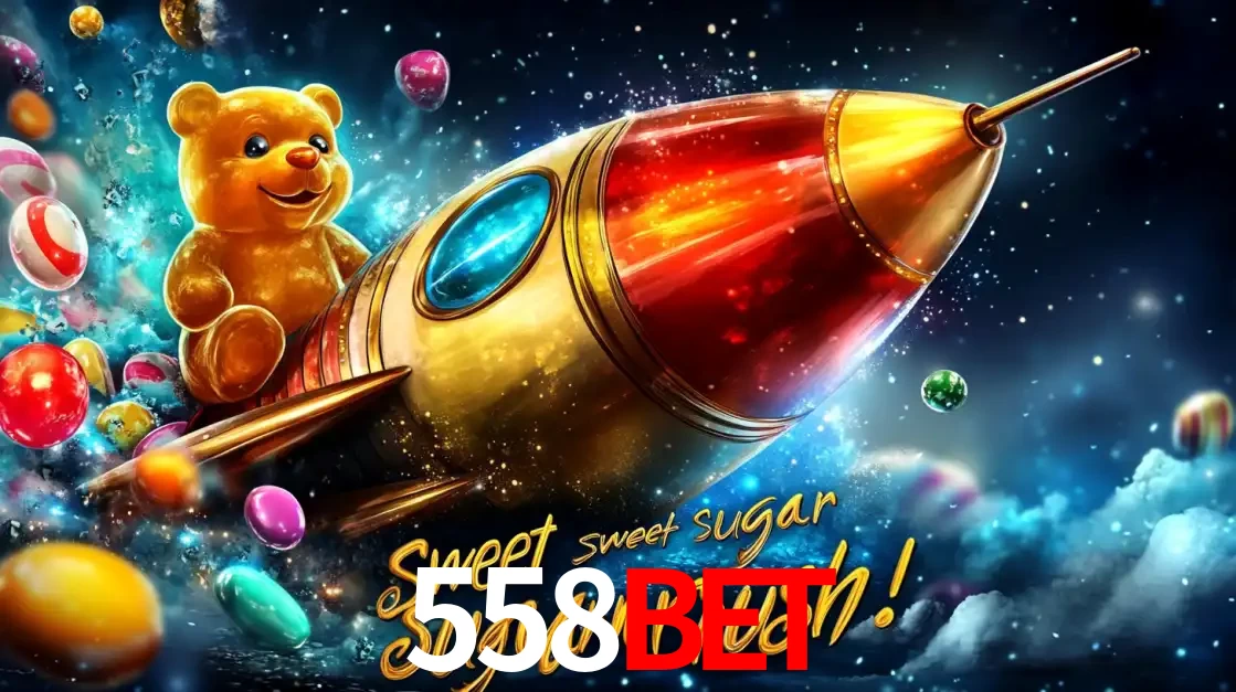 Arte promocional do jogo de slot Sugar Rush, com um urso de pelúcia em um foguete viajando pelo espaço de doces, um dos jogos divertidos disponíveis no cassino 558BET.
