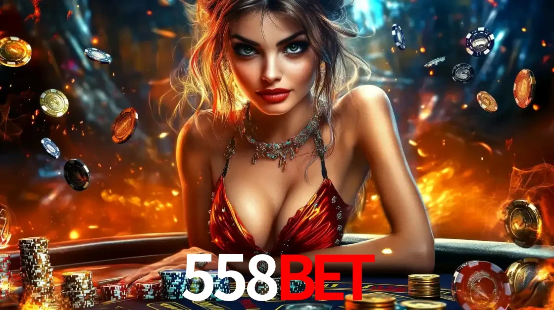 Mulher em uma mesa de cassino com pilhas de fichas e um fundo de fogo, pronta para uma rodada de altas apostas nos jogos de mesa emocionantes do cassino 558BET.