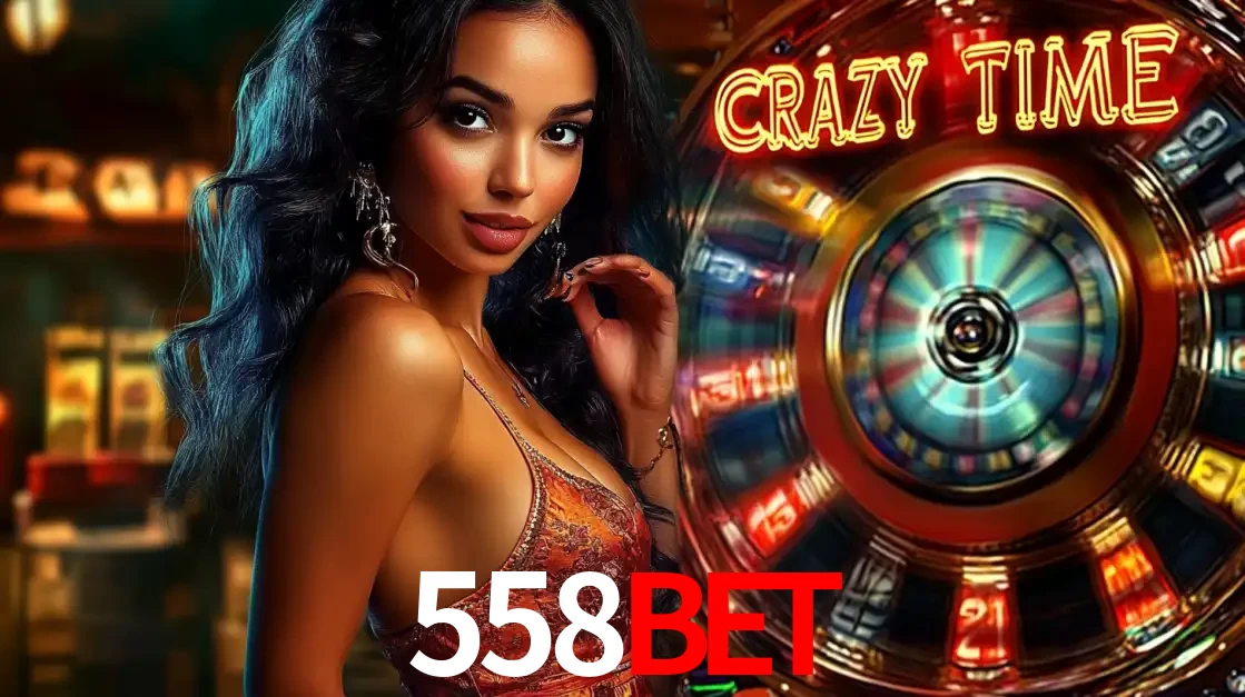 Mulher elegante ao lado da vibrante roda da fortuna do jogo de cassino ao vivo Crazy Time, um dos game shows mais populares e cheios de prêmios do 558BET.