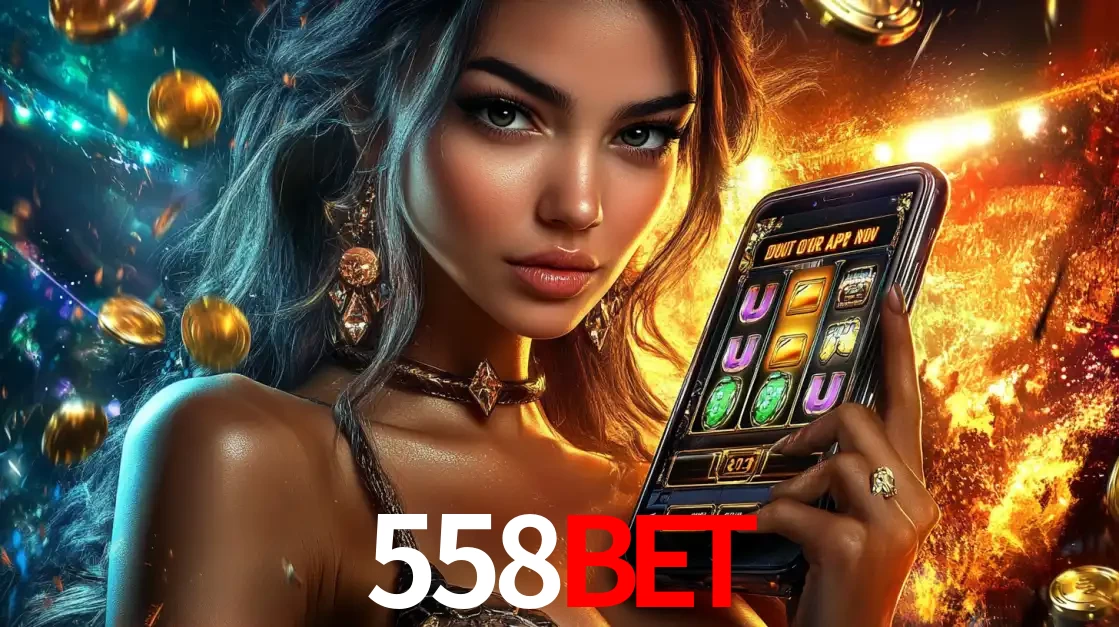 Mulher elegante mostrando um jogo de caça-níqueis em seu smartphone, destacando a experiência de cassino móvel oferecida pelo aplicativo 558BET.