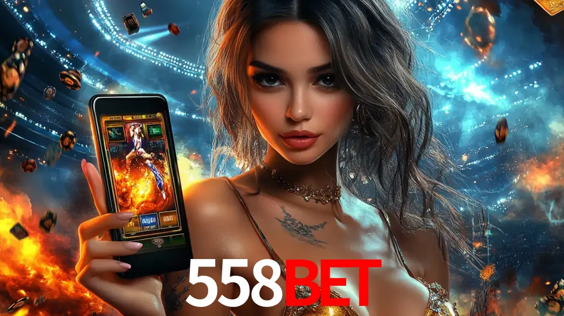 Mulher segurando um celular com um jogo de slot em destaque, tendo como fundo um estádio vibrante, simbolizando a emoção de jogar no cassino móvel 558BET.